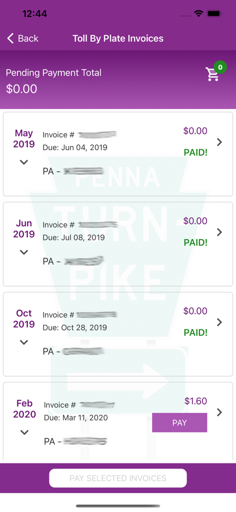 PA Toll Pay - PA Toll Pay app screen displaying a list of past and pending Toll By Plate invoices with payment statuses