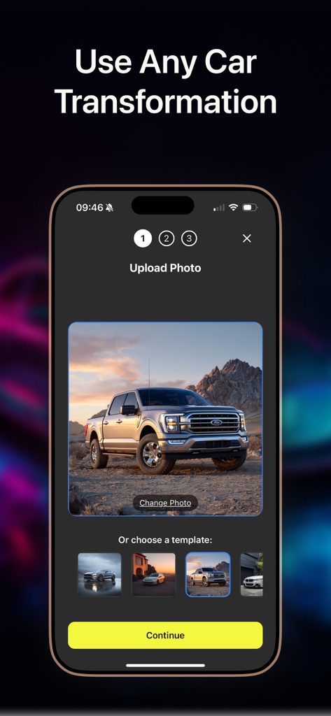 Car Designer: AI Tuning - Interfaz de la aplicación Car Designer AI Tuning que muestra la carga de fotos del coche y la pantalla de selección de plantillas.