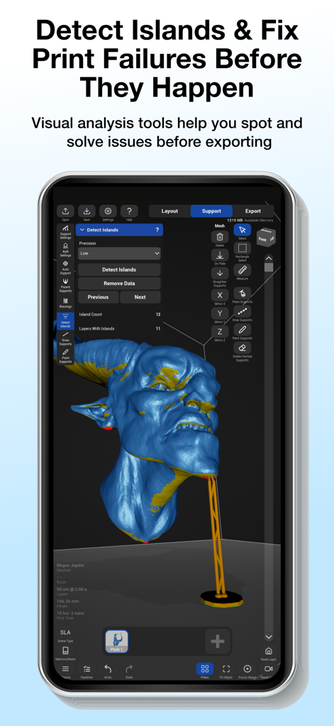 Pikaslice - A screenshot of the Pikaslice app interface showing the island detection feature on a 3D creature model for resin printing.