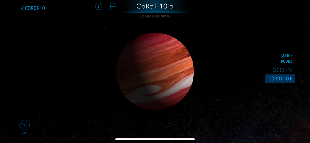 A realistic 3D rendering of the gas giant exoplanet CoRoT-10 b in the Cosmic Atlas app