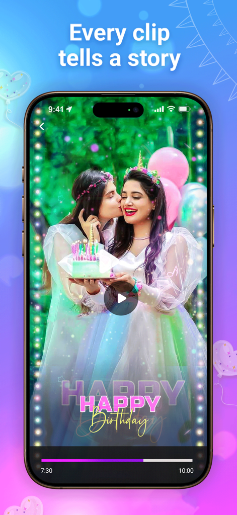Birthday Video - Two women celebrating a birthday with a cake on a video editing app screen