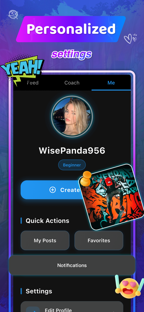 Zeni - Dance & Social - Interface do perfil de usuário do aplicativo de dança de rua Zeni mostrando configurações personalizadas e recursos sociais