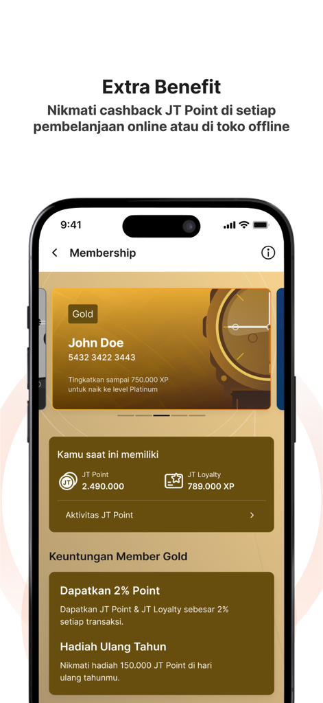 Jamtangan.comアプリの会員画面。ゴールドティアのステータスとロイヤルティ特典ポイントが表示されています。