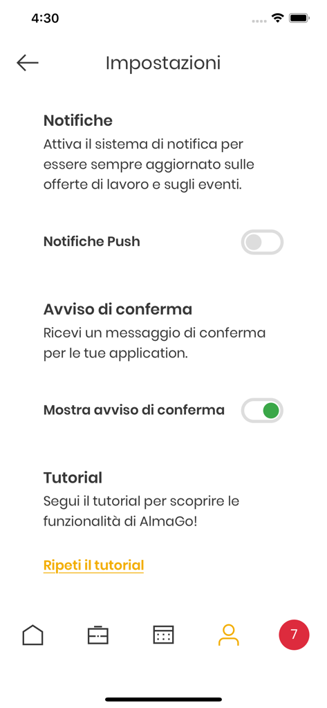 AlmaGo - AlmaGo app settings screen with notification and tutorial options