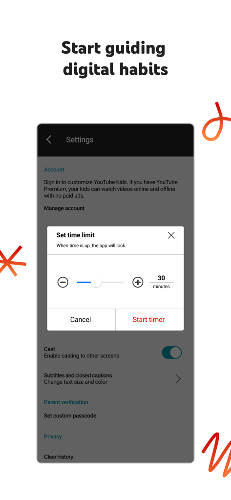 YouTube Kids app interface showing the set time limit pop up for parental control