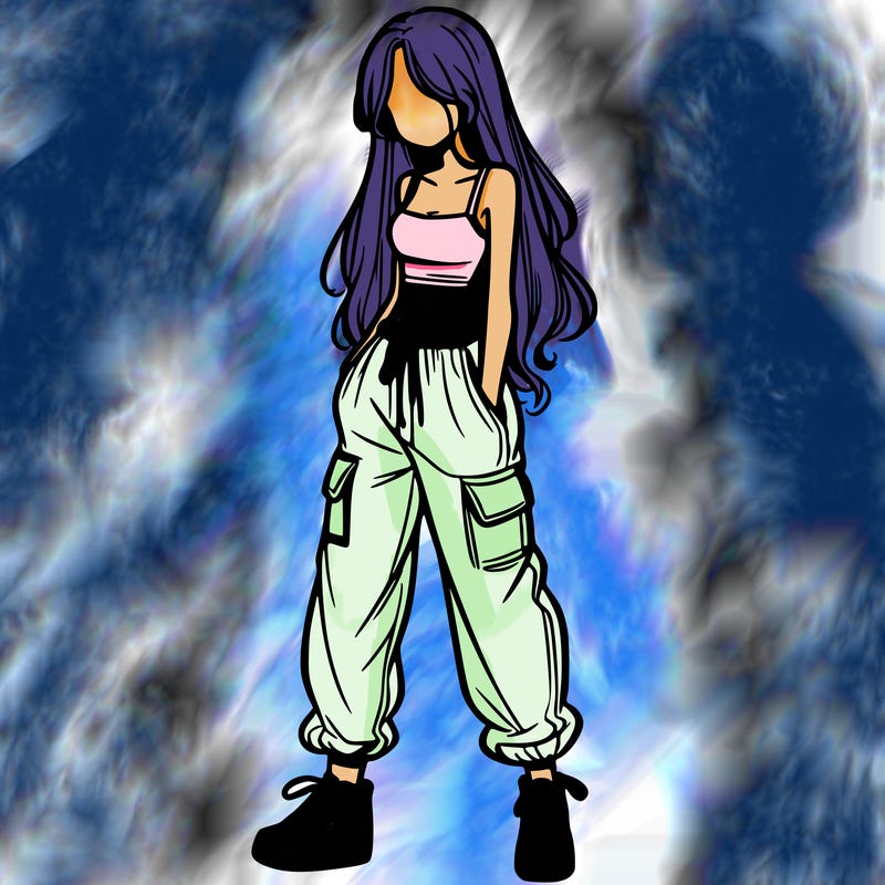 girl in baggy pants crop top and long hair
