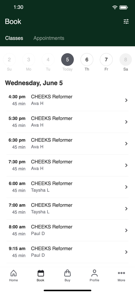 Cheeks Pilates - A mobile app interface showing a list of Reformer Pilates classes available for booking on a daily schedule.