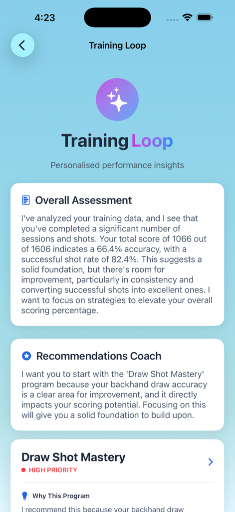 Torny - Pantalla que muestra información de rendimiento personalizada de la aplicación Torny y recomendaciones de entrenamiento