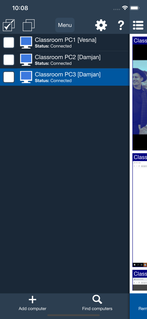Classroom Spy - Interface of Classroom Spy app showing a list of connected student computers and their status