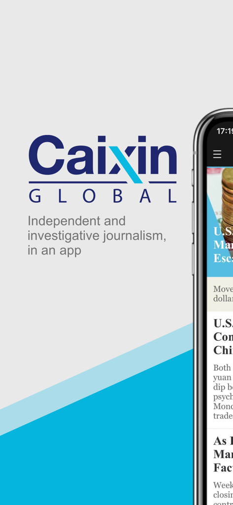 Caixin Global - Caixin Global mobile app featuring independent and investigative news journalism on a smartphone screen.