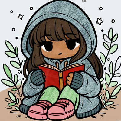 girl in oversized hoodie reading a book