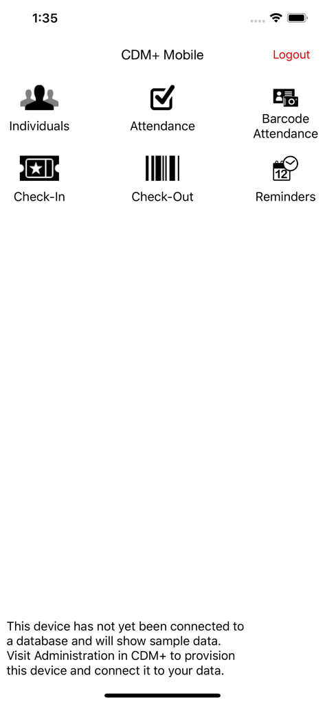 Menú principal de la aplicación CDM plus Mobile que muestra iconos para individuos, asistencia y funciones de registro