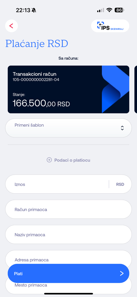 Interface de l'application Aik mBanking affichant l'écran de paiement RSD avec le solde du compte et les champs de transaction.