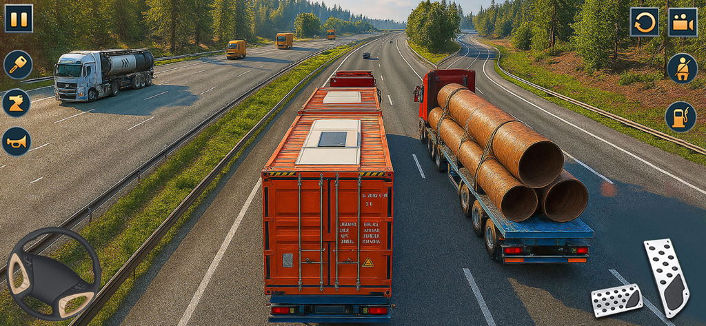 Camiones de carga pesada y transportadores de tuberías industriales conduciendo en una autopista de varios carriles en un juego de simulación de camiones