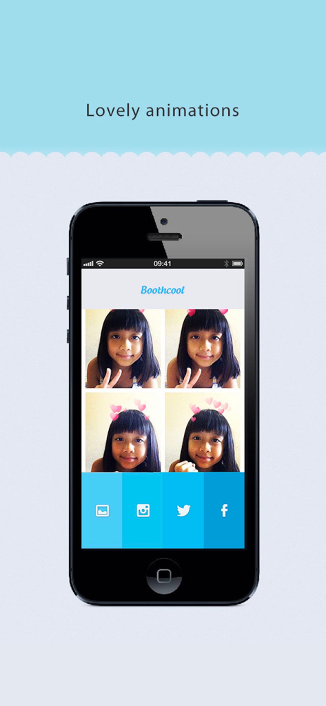 A 2x2 photo grid of a young girl with pink heart animations on her head inside the BoothCool app