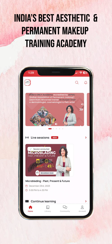 Oberfläche der mobilen App ibrow Academy, die Schulungen für Permanent Make-up und Microblading anzeigt