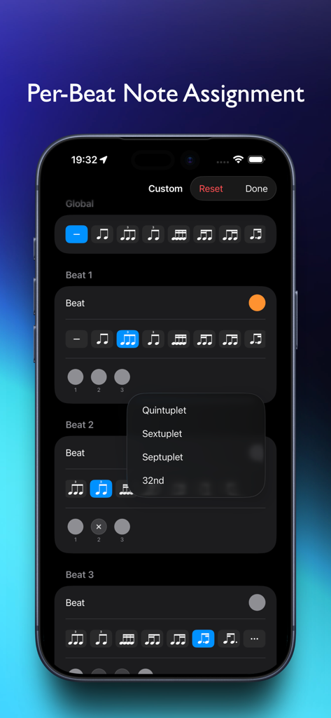 FlowBeats - Interface of the FlowBeats app showing detailed per-beat note assignment and rhythmic subdivision options