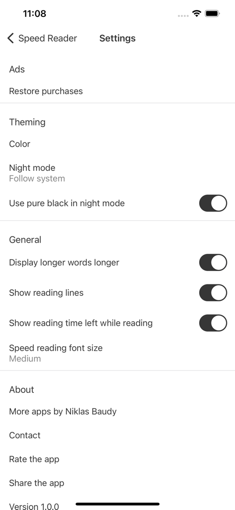 Speed Reader for Speed Reading - The settings screen of the Speed Reader app showing configuration options for theming and general reading preferences