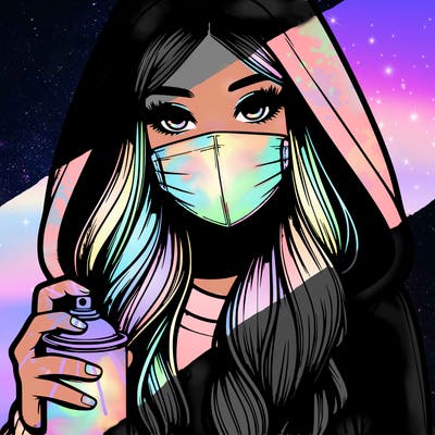 girl wearing a mask with long hair with her hood up spray-painting realistic