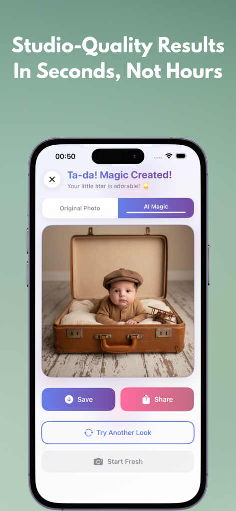 Newborn AI: Baby Photo Studio - Newborn AI app interface displaying a studio-quality baby portrait in a vintage suitcase.