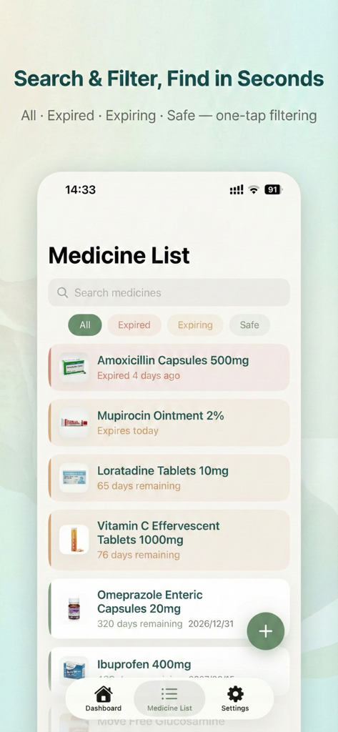MedBay: Smart Medicine Cabinet - Tela do aplicativo MedBay mostrando uma lista pesquisável de medicamentos com status de validade codificado por cores e filtros rápidos.