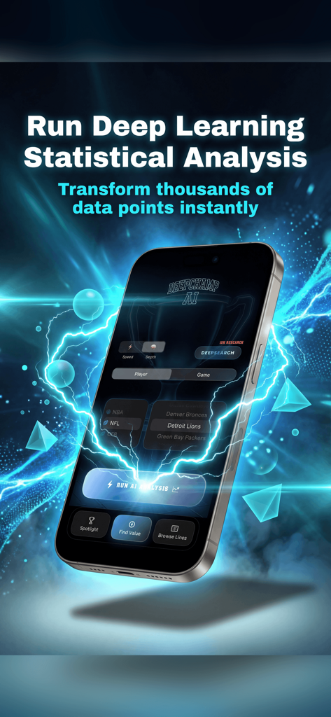 DeepChamp AI: Sports Betting - Interfaz de la aplicación DeepChamp AI mostrando un teléfono inteligente con opciones para ejecutar análisis estadístico de aprendizaje profundo para equipos deportivos como los Detroit Lions.