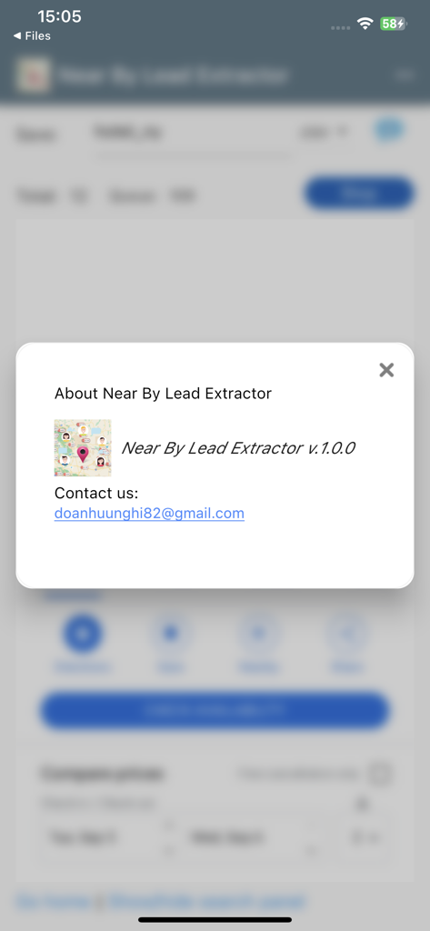 A popup window displaying version information and a contact email for the Near By Lead Extractor app.