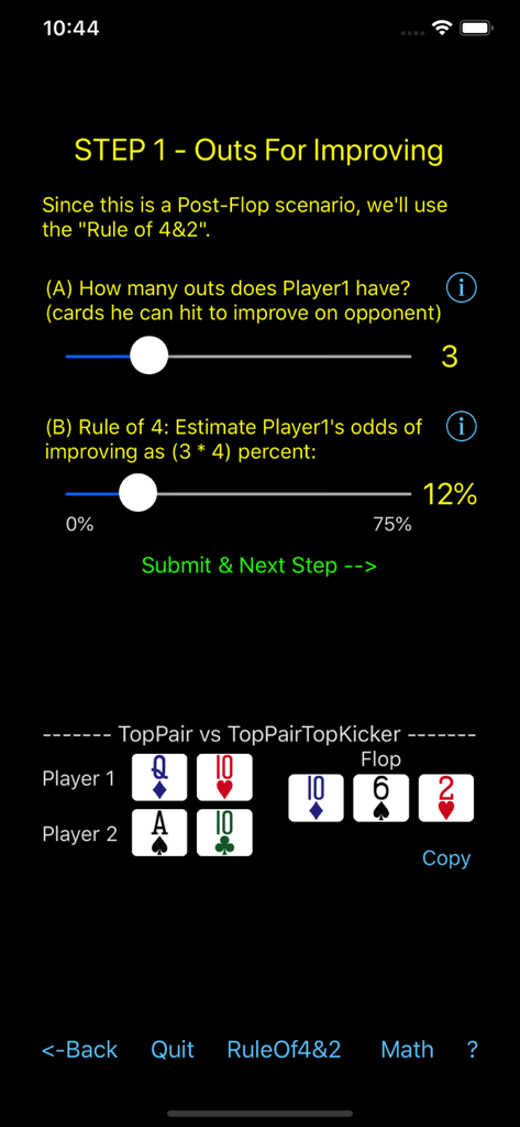 Bildschirm der Poker Odds Teacher App, der den ersten Schritt zur Schätzung von Outs und Quoten für ein bestimmtes Texas Hold’em-Hand-Szenario zeigt