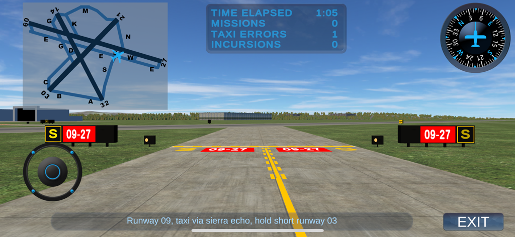 Taxiway Madness - In-game view of Taxiway Madness showing airport taxiway signage and navigation dashboard