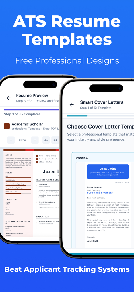Intelligent CV: Resume - Intelligent CV app showing ATS resume and cover letter templates on mobile screens