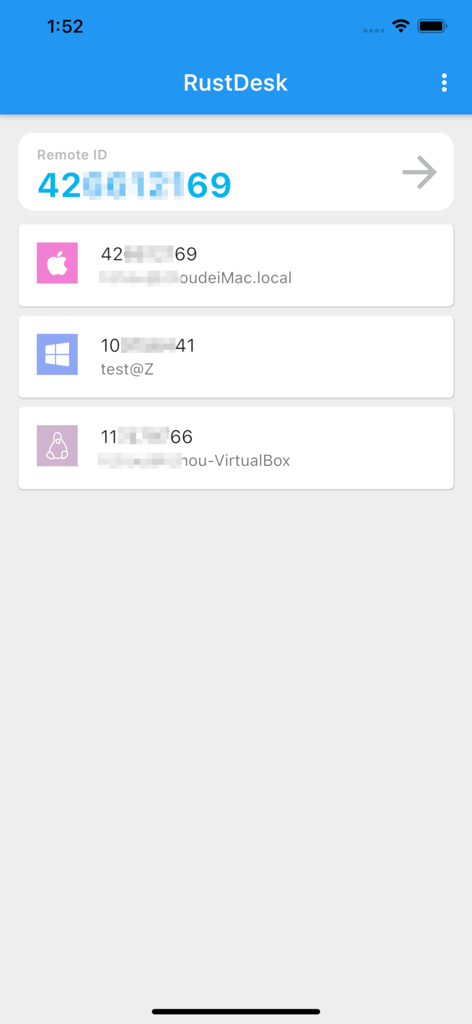 RustDesk Remote Desktop - RustDesk app interface showing remote ID input and a list of saved desktop connections for Mac, Windows, and Linux.