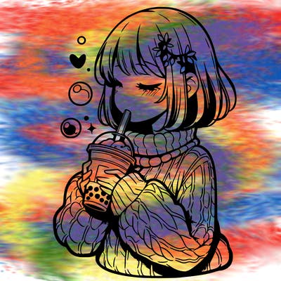 manga girl drinking boba in cozy sweater