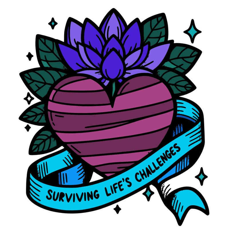 a heart a lotus flower " surviving life's challenges" in an open ribbon