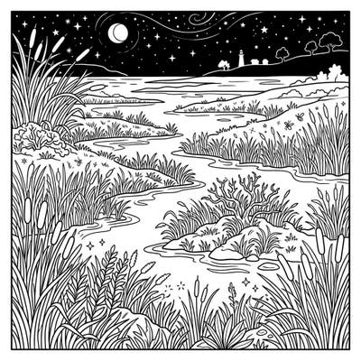 Immerse yourself in the tranquility of a night-time salt marsh with this beautifully detailed coloring page. Discover intricate marsh grasses, a winding river, and a distant lighthouse under a shimmering, star-filled sky, perfect for a relaxing coloring escape.