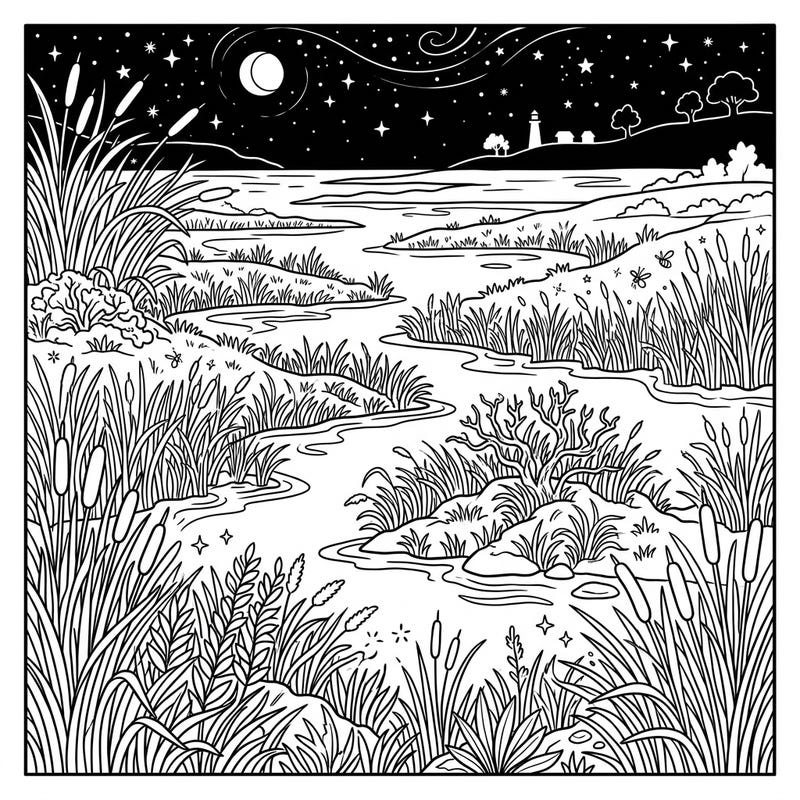 Immerse yourself in the tranquility of a night-time salt marsh with this beautifully detailed coloring page. Discover intricate marsh grasses, a winding river, and a distant lighthouse under a shimmering, star-filled sky, perfect for a relaxing coloring escape.