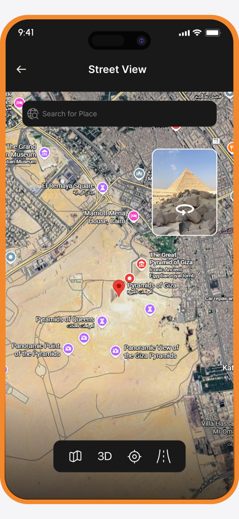Street Map Live 3D Camera View - Street map app interface showing a satellite view and 3D preview of the Pyramids of Giza