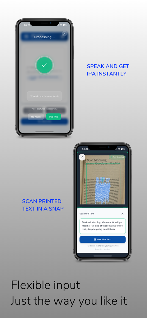 Eine Demonstration der XPhonetics App, die die Sprache-zu-IPA-Konvertierung und das Scannen von gedrucktem Text per Kamera zur phonetischen Transkription zeigt.
