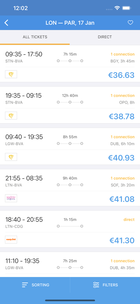 Screenshot of flight search results in the City.Travel app showing various airline options and prices from London to Paris