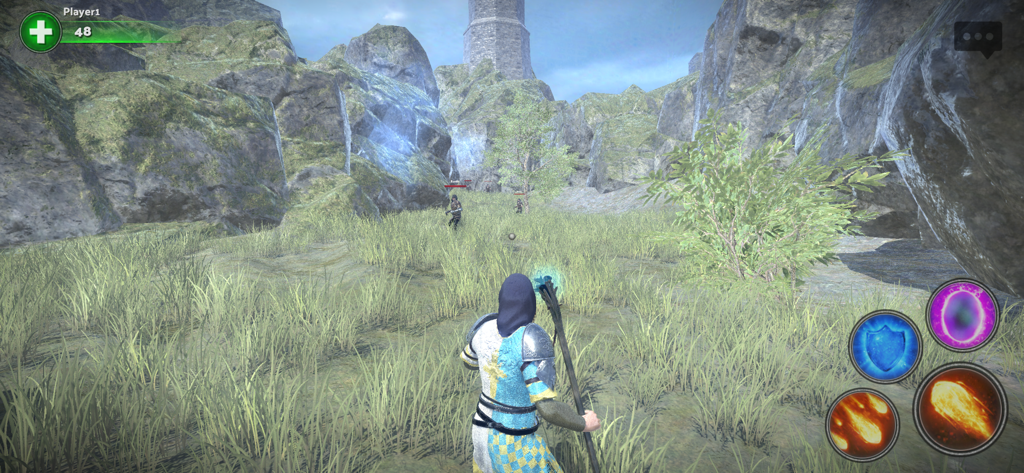 Knights of Glory : Online - A mage character in a 3D medieval landscape using magical spells in Knights of Glory Online.