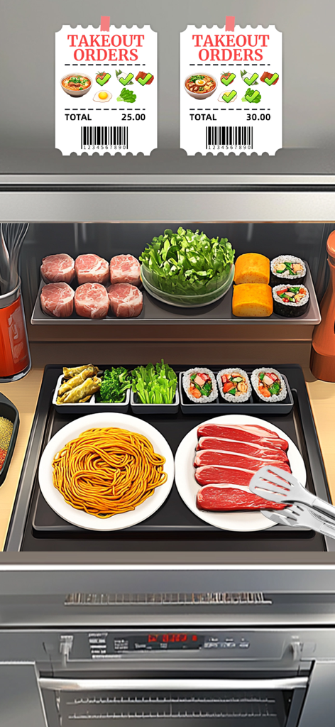 Cooking Fun®: Food Games - Un'interfaccia di gioco di cucina che mostra ordini da asporto, sushi, noodles e preparazione di bistecche in una cucina professionale.