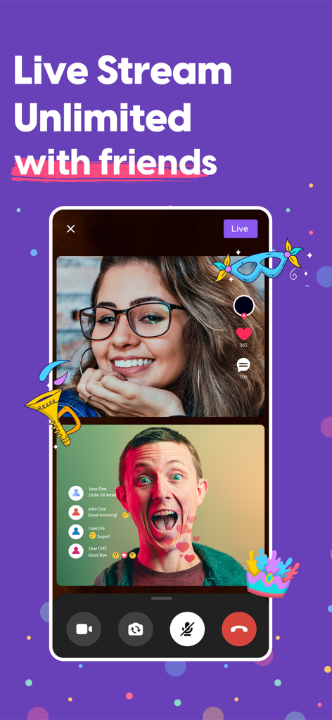 FaithCircle: Chat. Meet. Dates - A split screen live video stream on the FaithCircle app with two people and social interaction icons