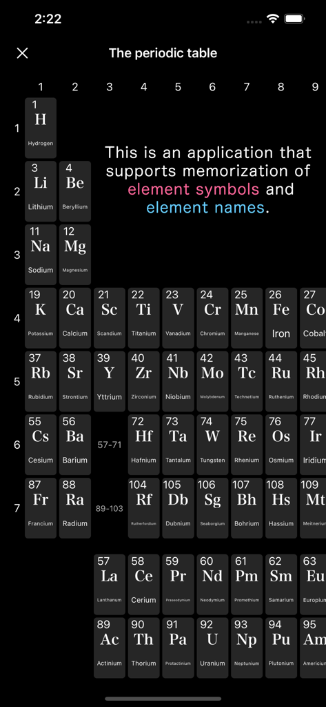 Element symbol - Visualización de la tabla periódica en la aplicación Símbolo de Elemento para estudiantes de química