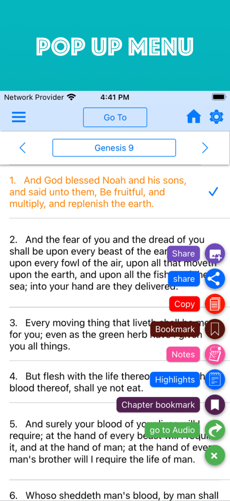 Holy Bible Offline iPhone - Menú emergente en la aplicación Santa Biblia Sin Conexión para iPhone que muestra opciones para compartir versículos, marcar y tomar notas para la King James Version