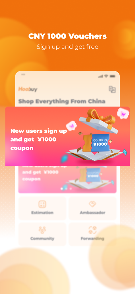 Hoobuy Mobile-App-Bildschirm mit einer neuen Benutzeraktion für tausend CNY-Gutscheine