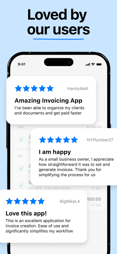 A smartphone display showing positive five-star user testimonials for the Invoice Maker and Estimate App