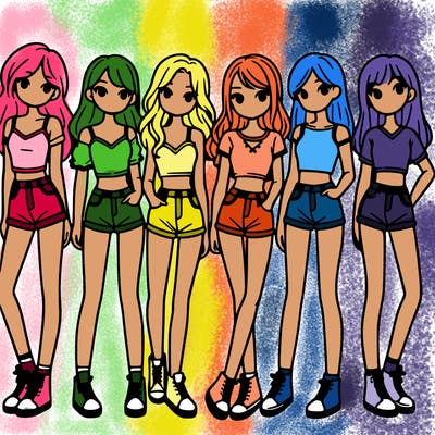 a group of girls wearing crop tops and shorts