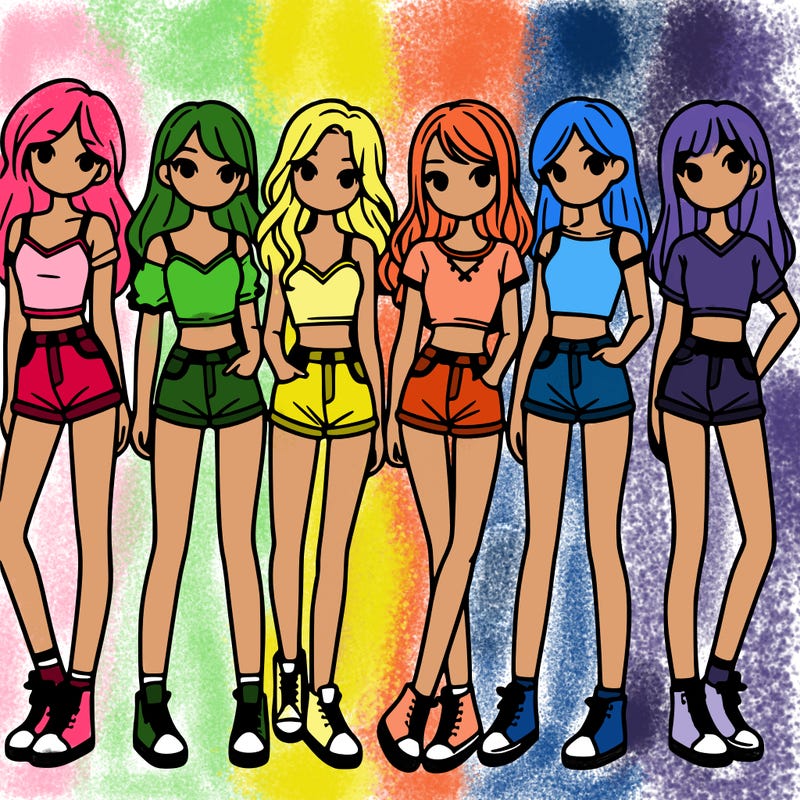 a group of girls wearing crop tops and shorts