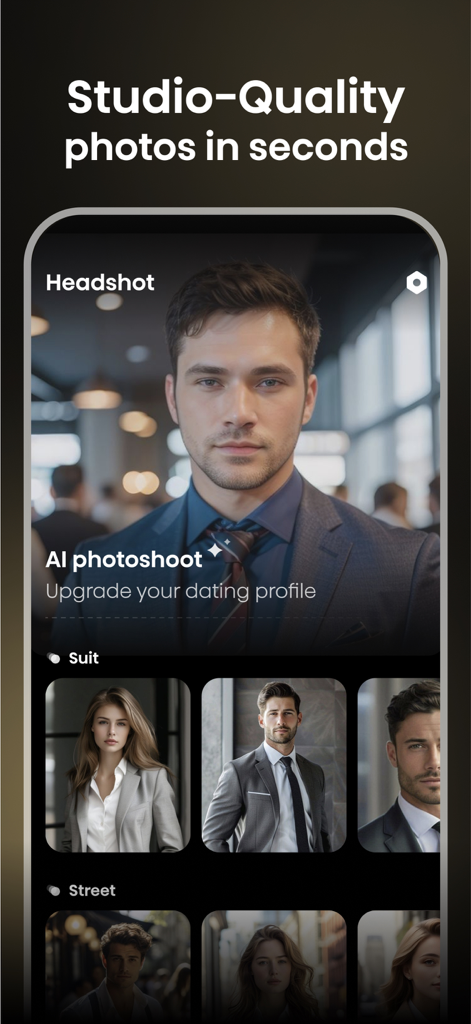 Headshot Ai: Business Photo - Eine professionelle KI-App-Oberfläche, die Studio-Porträts und virtuelle Anzugoptionen anzeigt