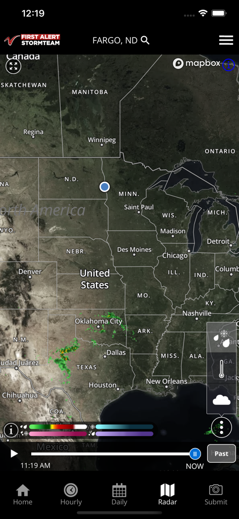 VNL Weather - VNL Weather app radar map showing weather patterns across the United States
