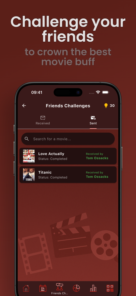 What Movieアプリの友達チャレンジ画面。友達に送信された完了した映画トリビアパズルが表示されます。